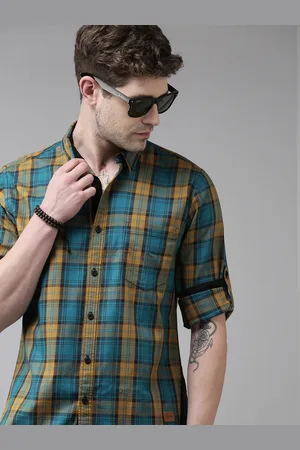 Roadster Men Sky-Blue And Mustard Grid Tattersall Checked Pure Cotton Casual Shirt