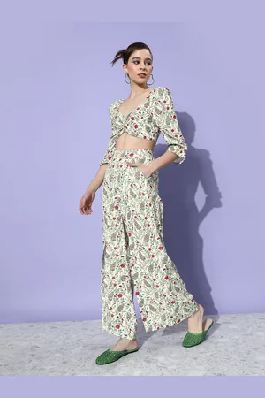 DressBerry Floral Printed Smocked Crop Top With Slit Detail Printed Trouser