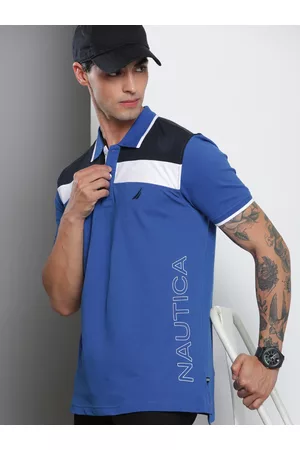 Nautica Men Brand Logo Printed Striped Polo Neck T-shirt
