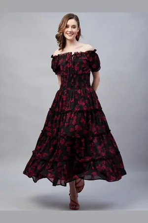Rare Fashion Floral Printed Off-Shoulder Tiered Smocked Maxi Dress
