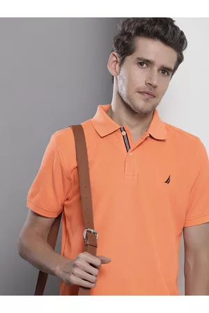 Nautica Men Orange Pure Cotton Brand Logo Polo Collar Slim Fit T-shirt