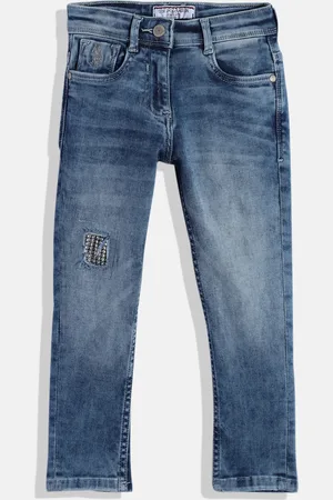 Ralph Lauren Girls Blue Slim Fit Heavy Fade Stretchable Jeans with Stud Patch