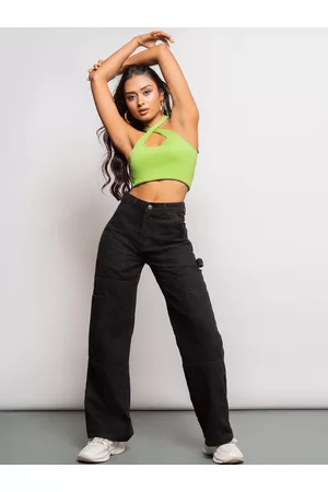 FREAKINS Women Black Wide Leg High-Rise Cotton Cargo Jeans