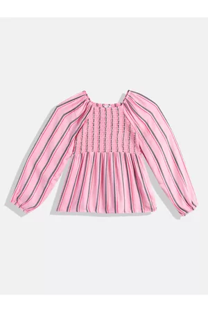 Ralph Lauren Girls Striped Square Neck Bishop Sleeves Smocked Fit & Flare Dress