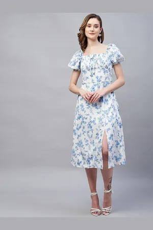 Rare Fashion Floral Printed Crepe Tie-Up Neck Puff Sleeves A-Line Midi Dress
