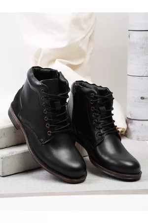 Teakwood Leathers Men Black Solid Leather Mid-Top Boots