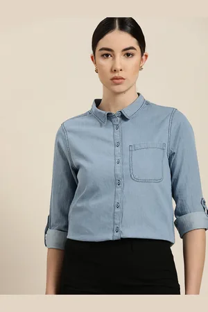 Invictus Women Blue Solid Pure Cotton Casual Shirt