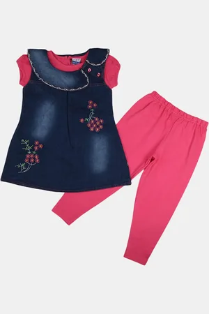 V-Mart Girls Blue & Coral Printed Top with Trousers