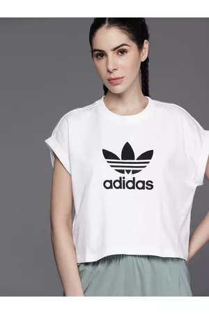 adidas Brand Logo Print Pure Cotton Cropped Oversized Fit T-Shirt