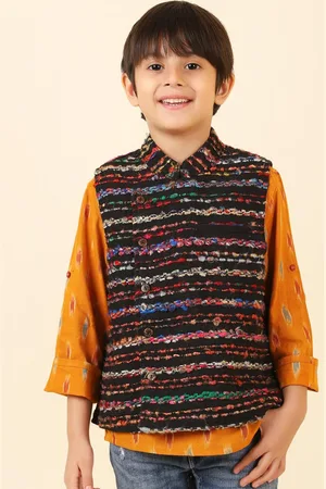 Fabindia Boys Black Embroidered Pure Cotton Nehru Jackets