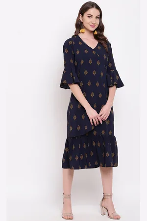Mayra Ethnic Motifs Printed Bell Sleeves Wrap Style Midi Dress