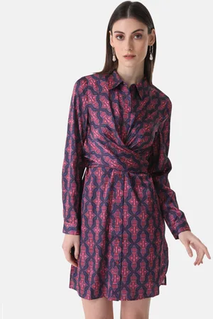 Kazo Shirt Collar Ethnic Motifs Printed Tie-Up Satin Formal Shirt Dress