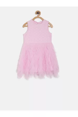 MINI KLUB Girls Pink Self Design Fit and Flare Dress