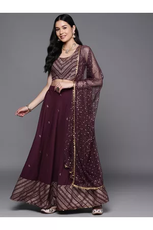 Ahalyaa Purple & Gold-Toned Printed Sequinned Foil Print Ready to Wear Lehenga & Blouse With Dupatta