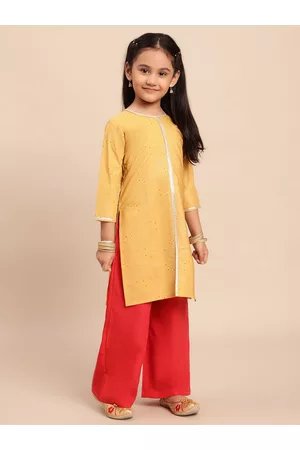 Ahalyaa Girls Mustard Yellow & Red Printed Kurta with Palazzos