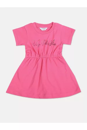 Ralph Lauren Girls Typography Printed Gathered Pure Cotton A-Line Dress