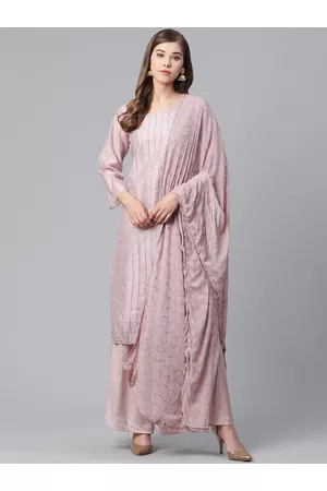 Ishin Women Embroidered Sequinned Chanderi Silk Kurta with Palazzos & Dupatta