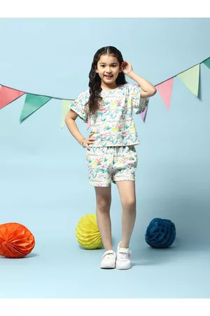Biba Girls Off White & Purple Printed Top with Shorts