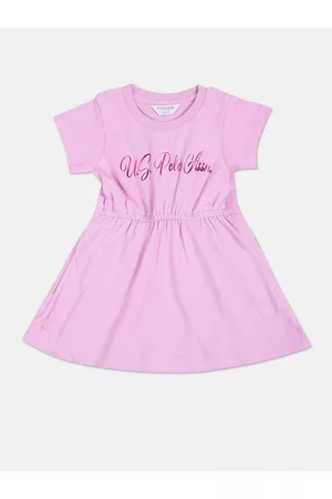 Ralph Lauren Girls Typography Printed Gathered Pure Cotton A-Line Dress