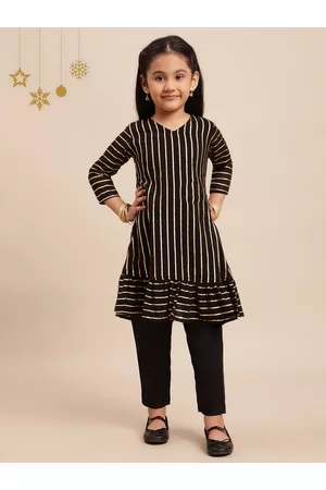 Ahalyaa Girls Black Striped Kurta with Palazzos