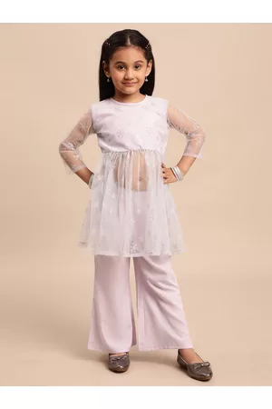Ahalyaa Girls Blue & Silver-Toned Printed Empire Anarkali Thread Work Kurta with Palazzos