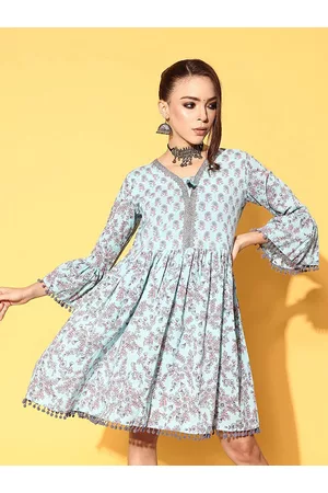 Ishin Blue Floral A-Line Cotton Midi Dress