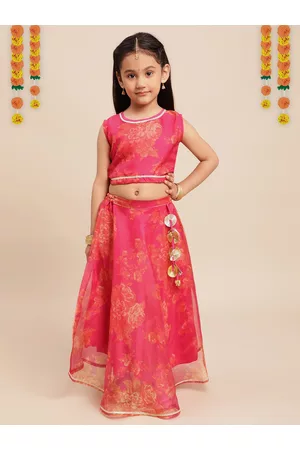 Ahalyaa Girls Rose Printed Ready to Wear Lehenga