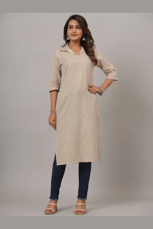 CRAFTED FOR YOU Women Stiped Cotton Shirt Collar Straight Kurta