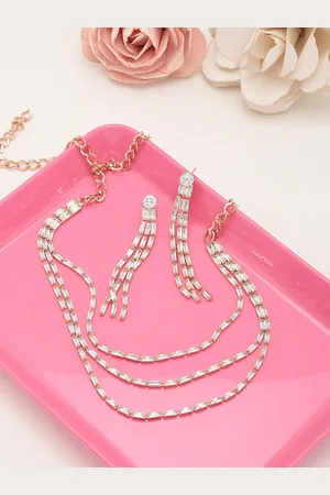 Ami Women Rose Gold-Plated CZ-Studded Layered Necklace and Earrings