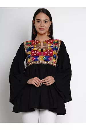Bhama Couture Black & Pink Mandarin Collar Embroidered Bohemian Tunic
