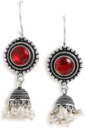 EL REGALO Silver-Plated Stone Studded Geometric Jhumkas
