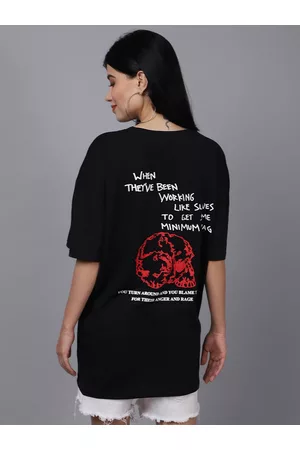 DOOR74 Women Typography Printed Oversize Cotton T-shirt