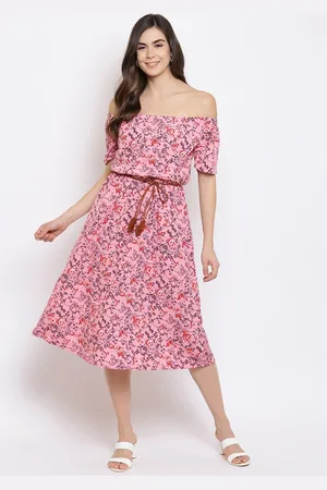 Mayra Belted Off-Shoulder Floral Printed A-Line Midi Dress