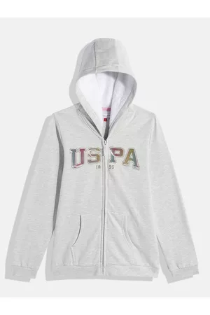 Ralph Lauren Girls Grey Melange Brand Logo Printed Hooded Sweatshirt