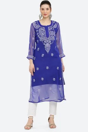 FAWOMENT Women Blue Ethnic Motifs Embroidered Chikankari Georgette Kurta