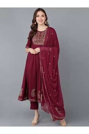 Ahika Women Burgundy Ethnic Motifs Yoke Design Kurti with Trousers & With Dupatta