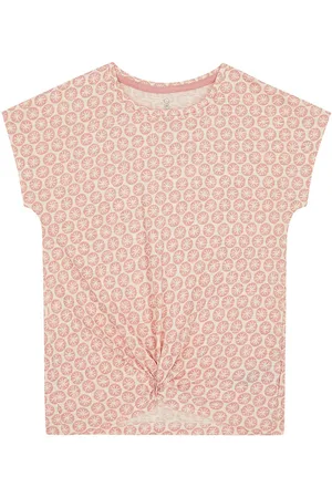 Mothercare Girls Peach-Coloured Printed Knotted Design Round Neck Pure Cotton T-shirt