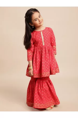 Ahalyaa Girls Red & Gold-Toned Paisley Printed Empire Anarkali Foil Pure Cotton Kurta
