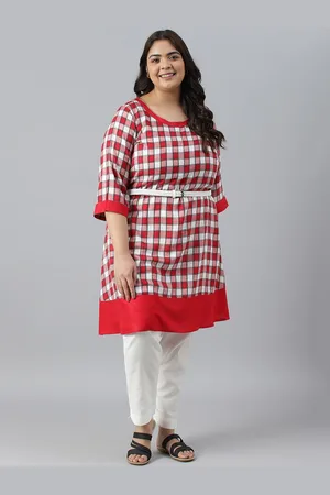AURELIA Plus Size Round Neck Checked Thread Work Kurta With Belt