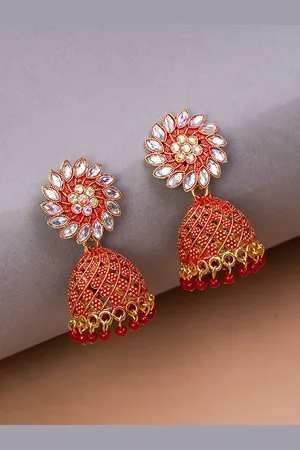 HOUSE OF ARLI Gold-Plated Stone-Studded & Beaded Dome Shaped Jhumkas Earrings