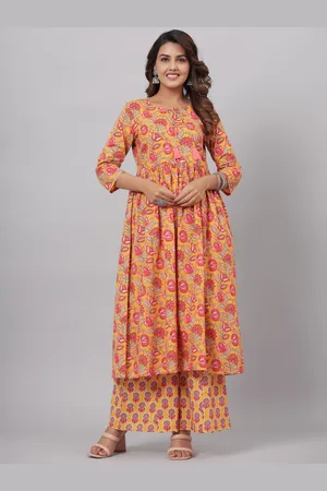 CRAFTED FOR YOU Floral Printed Tie-Up Neck Pure Cotton Anarkali Kurta With Palazzos