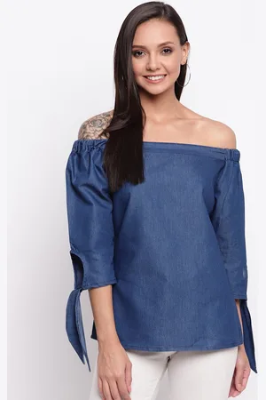 Mayra Off-Shoulder Puffed Sleeves Bardot Denim Top