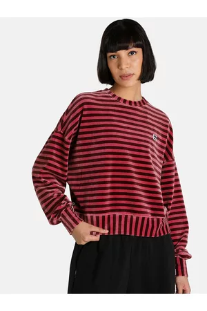 PUMA Women Pink Striped Downtown Velour Crew Neck Sweatshirt