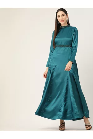 Antheaa Embellished Smocked Satin Fit & Flare Maxi Dress