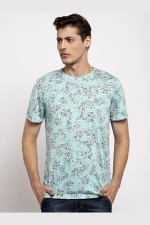 DOOR74 Men Sea Green & Grey Printed Cotton T-shirt