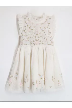 Cherry Crumble Girls Floral Embroidered Flutter Sleeves Cotton Fit & Flare Dress