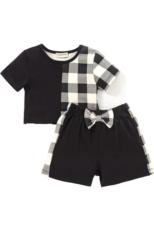 CrayonFlakes Girls Half Checked Cotton T-shirt with Bow Shorts Clothing Set
