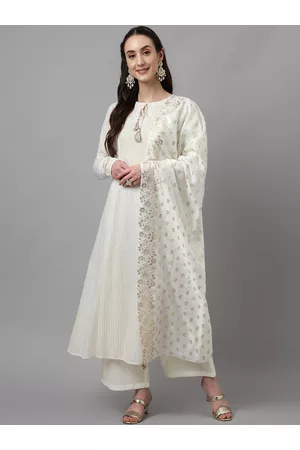 FIORRA Striped Tie-Up Neck Anarkali Pure Cotton Kurta With Palazzos & Dupatta