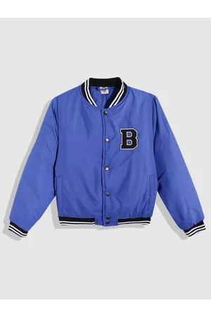 YK Teen Boys Blue Solid Varsity Jacket with Applique Detail