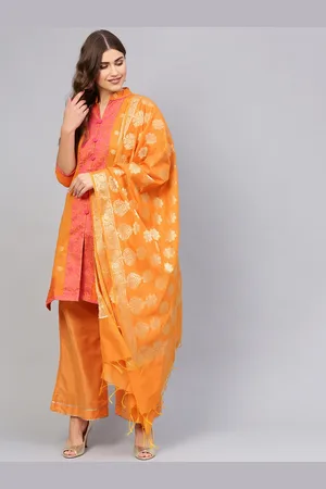 Chhabra 555 Women Mustard Yellow & Golden Woven Design Made-to-Measure Kurta Set